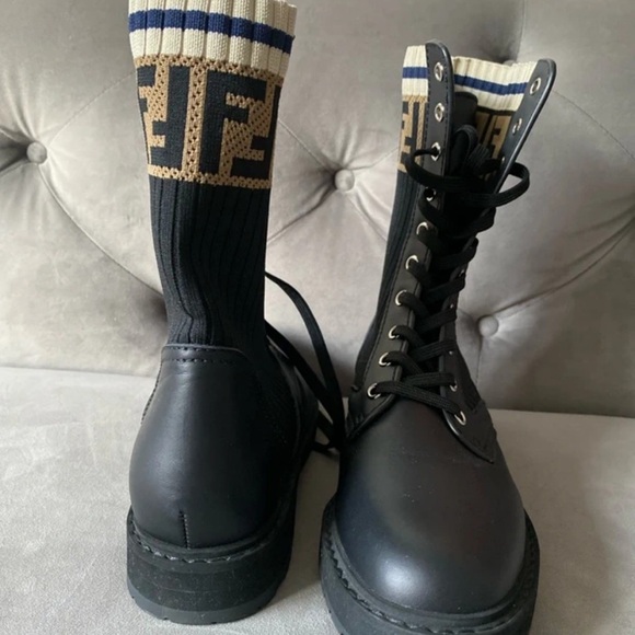 Fendi Black Combat Boots with Logo Cuff - Picture 2 of 6
